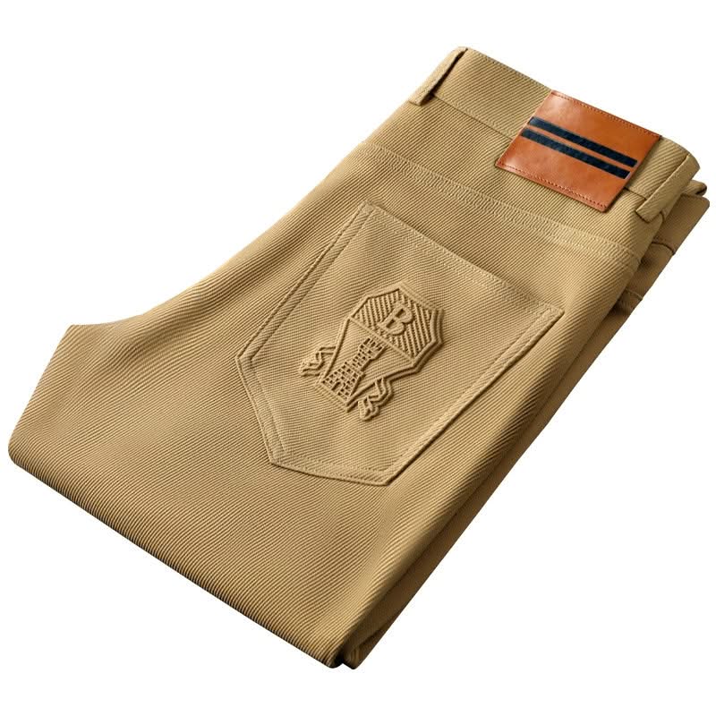 Khaki premium pants folded view with embossed back pocket logo