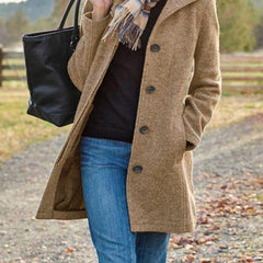 Beige-brown retro long wool coat with notched lapels and four-button front