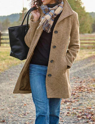 Beige-brown retro long wool coat with notched lapels and four-button front