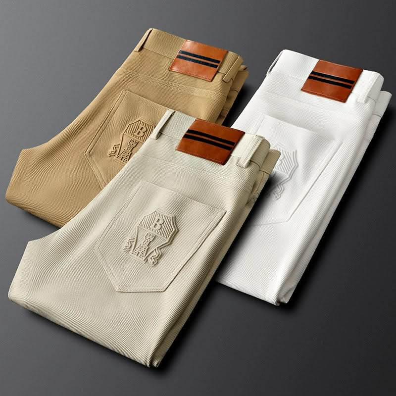 Khaki and white premium pants set with tan leather-look logo patch