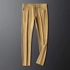 Tan premium pants with stitched detailing and two front slash pockets
