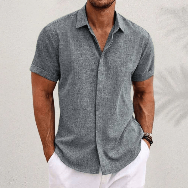 Men's short-sleeve classic-fit shirt in grey, button-front with point collar
