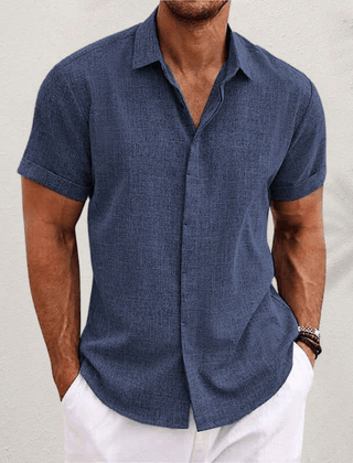 Men's short-sleeve classic-fit shirt in royal blue, button-front with point collar