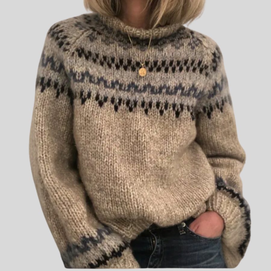 Helga™ handcrafted Icelandic knit sweater, beige with navy fair isle yoke and button neck