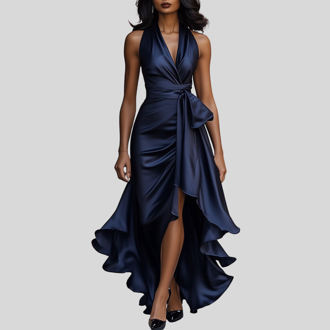 Dark navy satin wrap maxi dress with sleeveless V-neck and asymmetrical ruffled hem