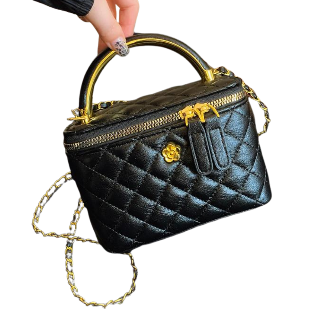 Black quilted crossbody bag with gold-tone chain and top zip closure