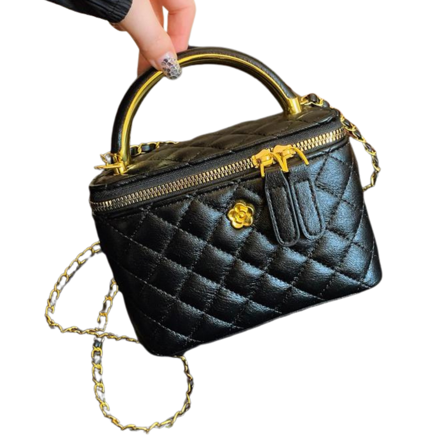 Black quilted crossbody bag with gold-tone chain and top zip closure