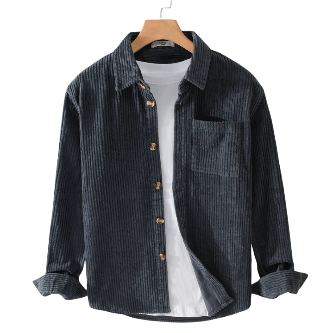 Navy corduroy button-up shirt on hanger with chest pocket