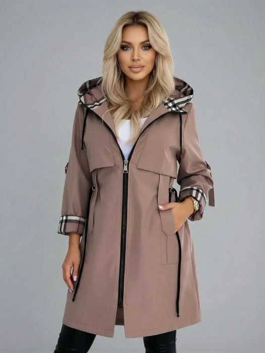Women's taupe hooded waterproof jacket with full zip and drawstring hem