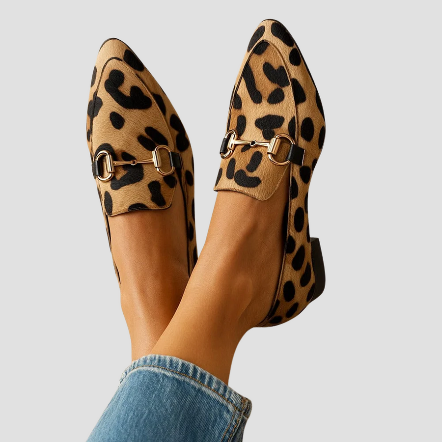 Judith orthopedic loafers, leopard print slip-on with gold-tone buckle hardware
