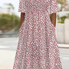 Rose printed midi dress with V-neck and short sleeves, white spot pattern