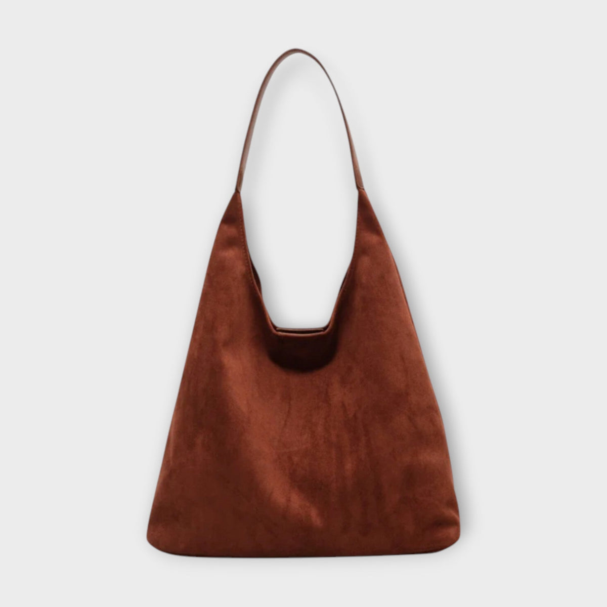 Coffee brown suede-style handbag with single top handle and open top
