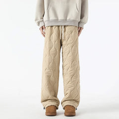 Tan quilted jogger pants with sherpa-fleece cuff hems and drawstring waist