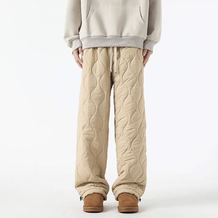 Tan quilted jogger pants with sherpa-fleece cuff hems and drawstring waist