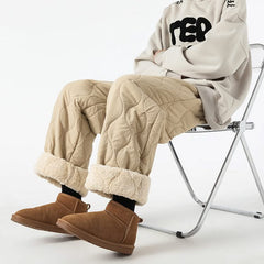 Beige quilted jogger pants with sherpa-fleece cuff hems and drawstring waist