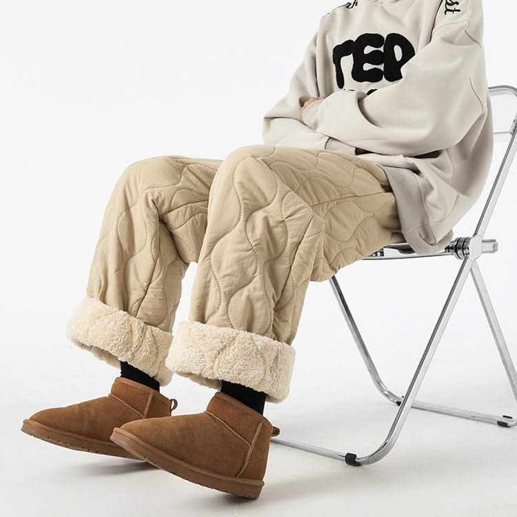 Beige quilted jogger pants with sherpa-fleece cuff hems and drawstring waist