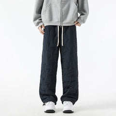 Navy quilted jogger pants with sherpa-fleece cuff hems and drawstring waist