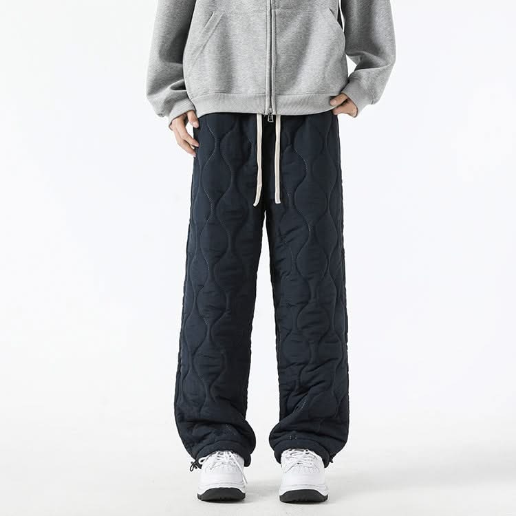 Navy quilted jogger pants with sherpa-fleece cuff hems and drawstring waist