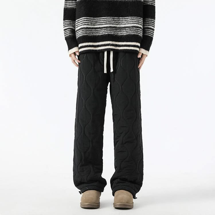 Black quilted jogger pants with drawstring waist and sherpa-fleece cuff hems