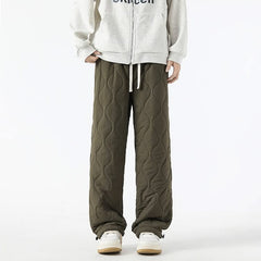 Olive-brown quilted jogger pants with sherpa-fleece cuff hems and drawstring waist