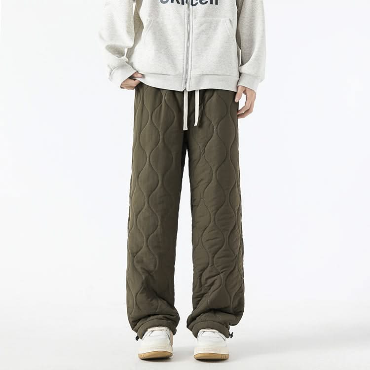 Olive-brown quilted jogger pants with sherpa-fleece cuff hems and drawstring waist