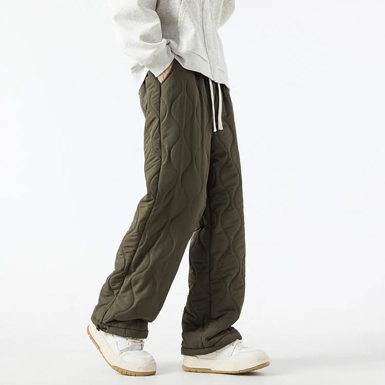 Olive quilted jogger pants with drawstring waist and sherpa-fleece cuff hems