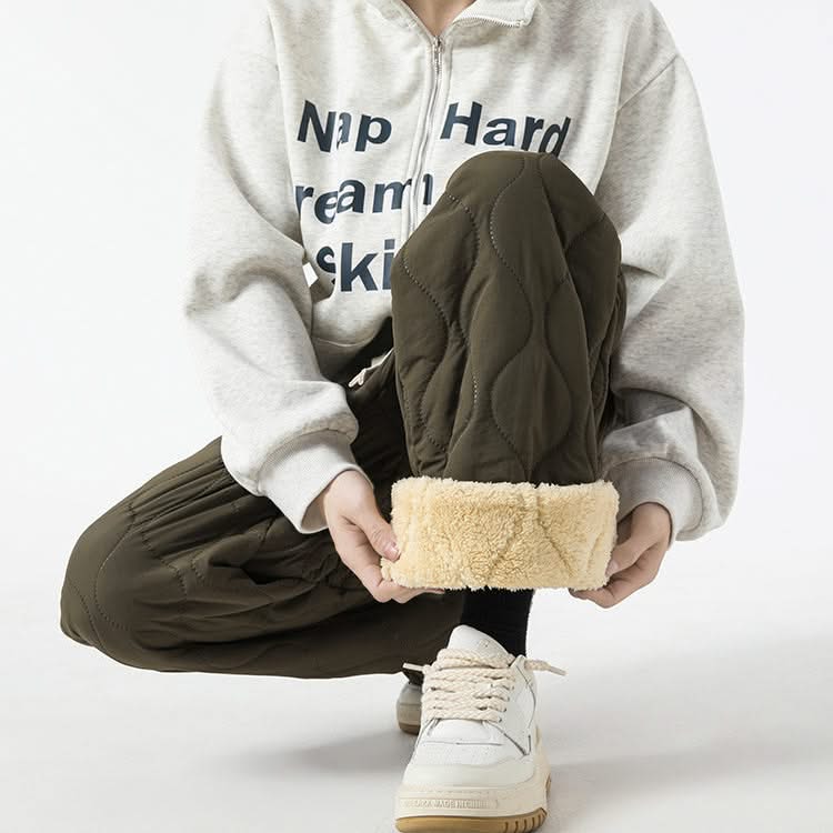 Olive quilted jogger pants with sherpa-fleece cuff hems and drawstring waist
