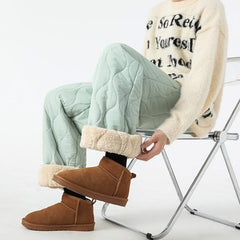 Seafoam quilted pants with raised oval pattern and sherpa-lined cuffs, drawstring waist.