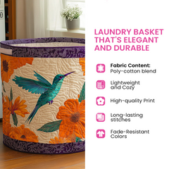 Quilted laundry basket with handles and hummingbird floral quilt fabric panel
