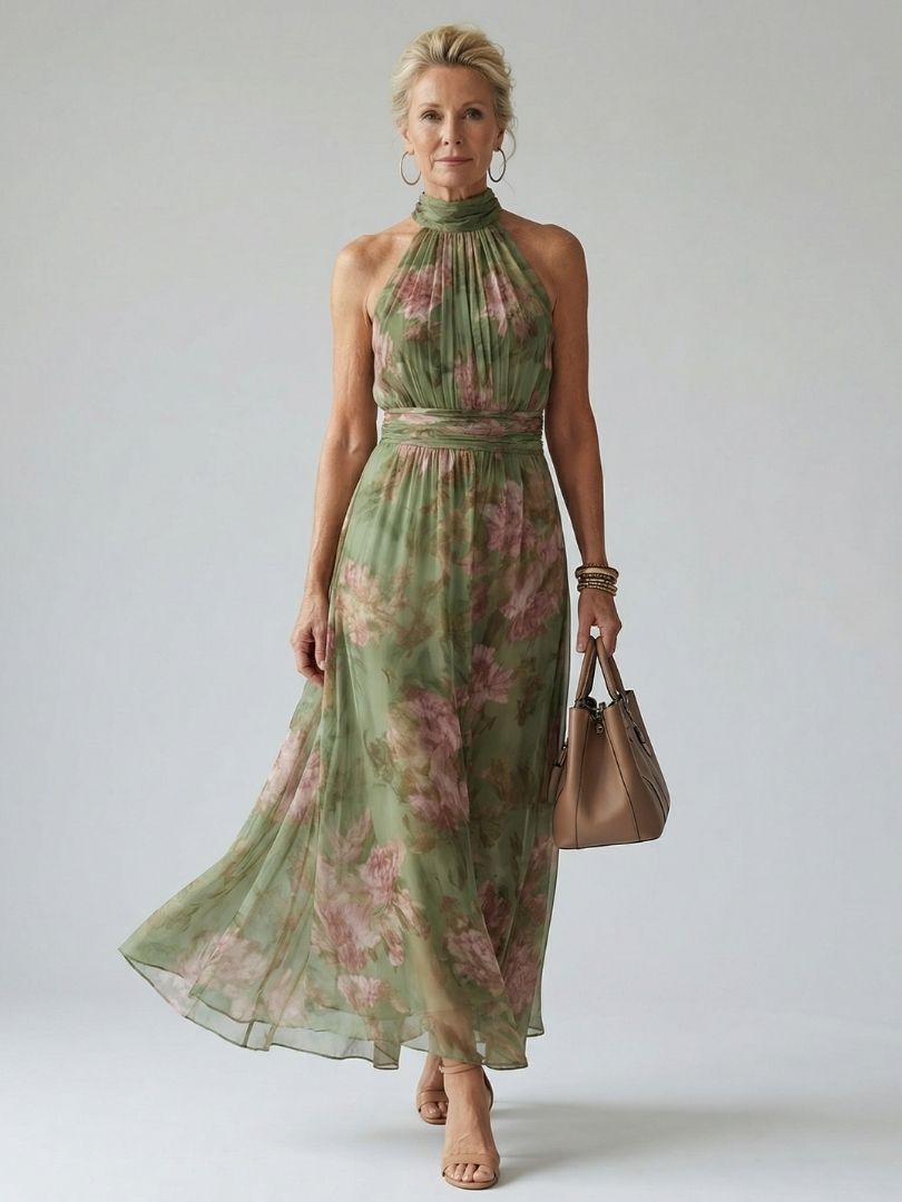 Floral gathered halter midi dress, green with pink flowers; sleeveless, tiered hem.