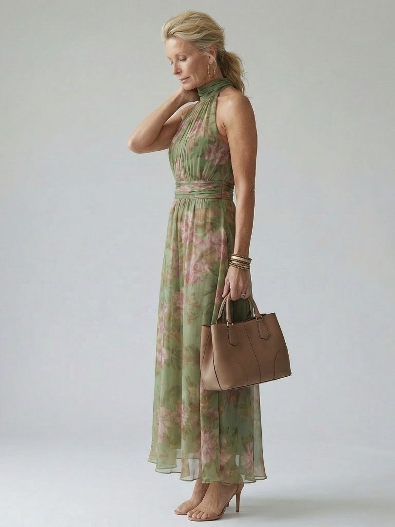 Floral halter midi dress, green with pink flowers; gathered waist and flowing skirt.