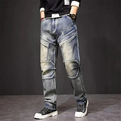 Men's straight jeans, faded blue wash with back thigh pockets and stitched panel detailing