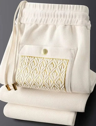 White ribbed cotton pants, elastic waist with drawstring, front pocket