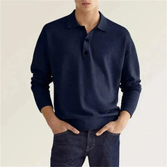 Navy wool polo shirt with long sleeves and button placket