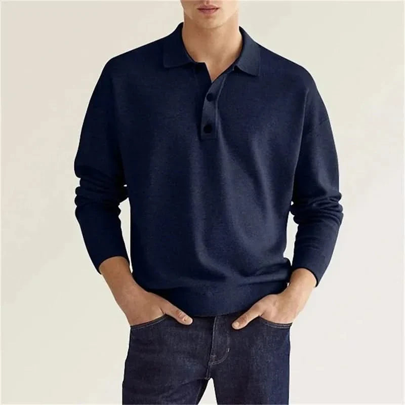 Navy wool polo shirt with long sleeves and button placket