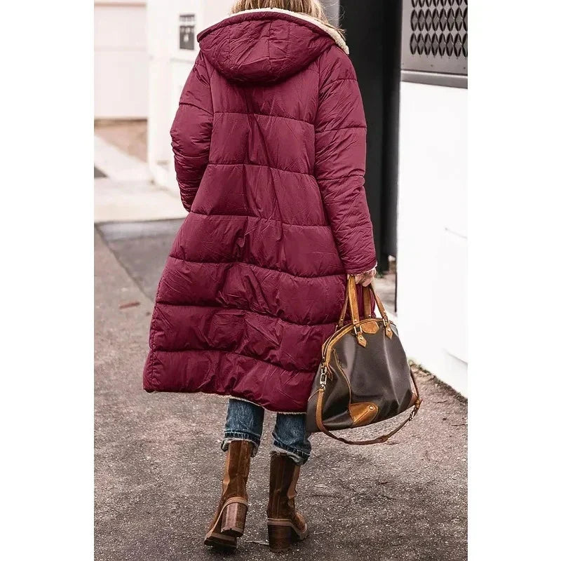 Burgundy puffer winter coat with hood and quilted back