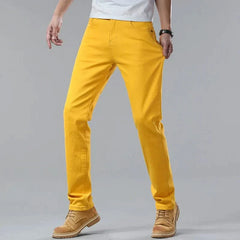 Yellow denim jeans, straight-leg fit with belt loops and five-pocket styling