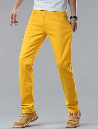 Yellow denim jeans, straight-leg fit with belt loops and five-pocket styling