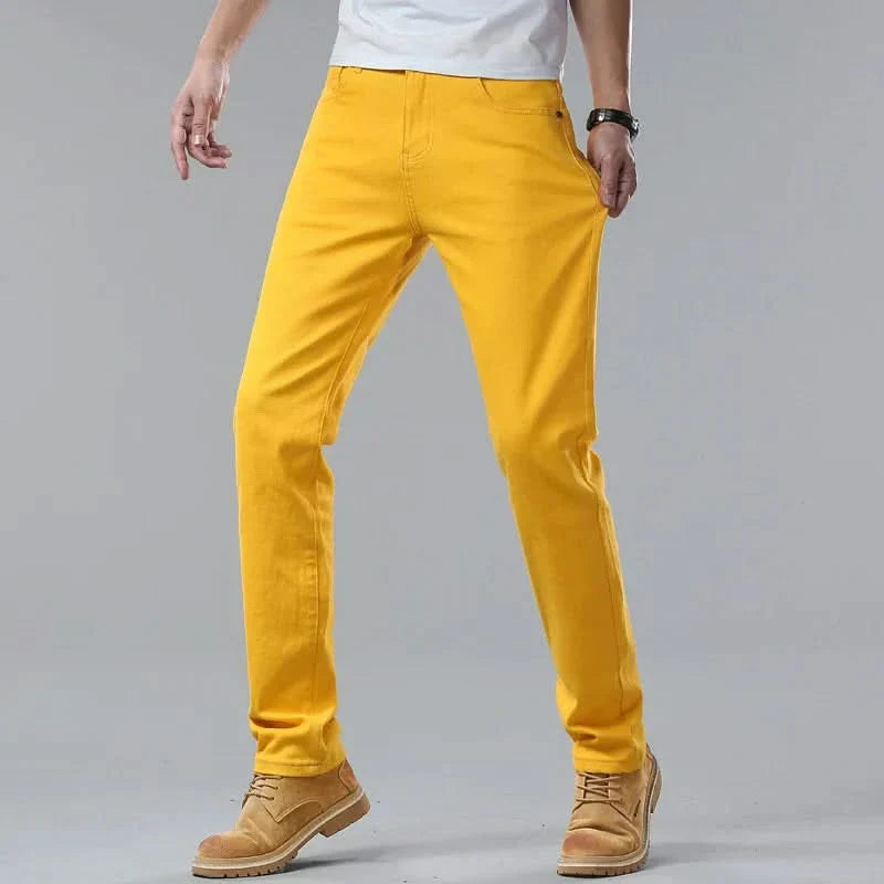 Yellow denim jeans, straight-leg fit with belt loops and five-pocket styling