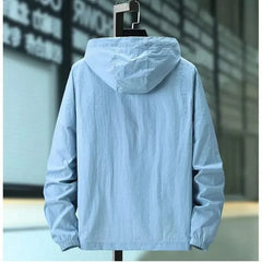 Hooded summer jacket in light blue, back view with drawstring hood and ribbed cuffs