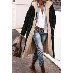 Black long puffer winter coat with beige sherpa lining and open front