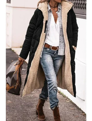 Black long puffer winter coat with beige sherpa lining and open front