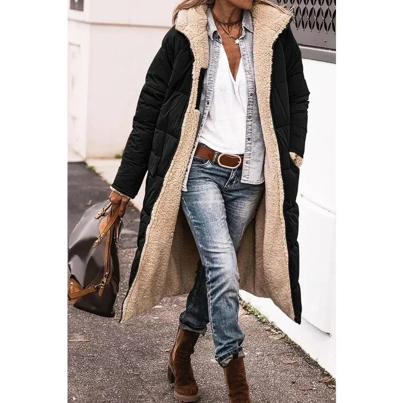 Black long puffer winter coat with beige sherpa lining and open front