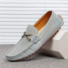 GIANNI perforated leather loafers in light gray, slip-on with strap and metal bar