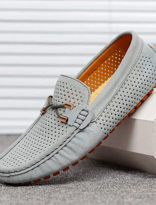 GIANNI perforated leather loafers in light gray, slip-on with strap and metal bar