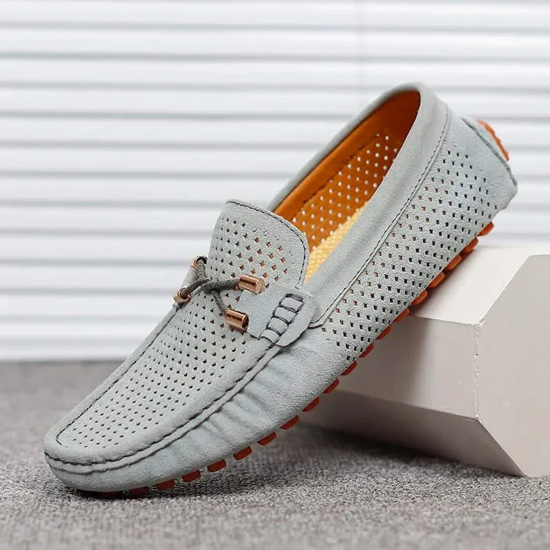 GIANNI perforated leather loafers in light gray, slip-on with strap and metal bar