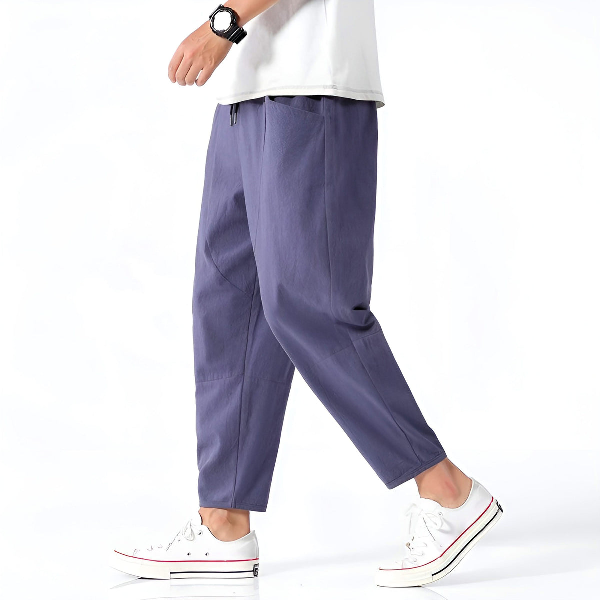Indigo cropped cotton pants with drawstring waist and tapered legs