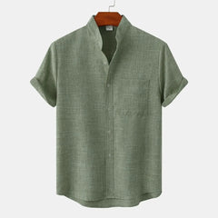 Short-sleeve button-up shirt in olive green with button front and chest pocket