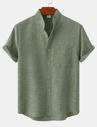 Short-sleeve button-up shirt in olive green with button front and chest pocket