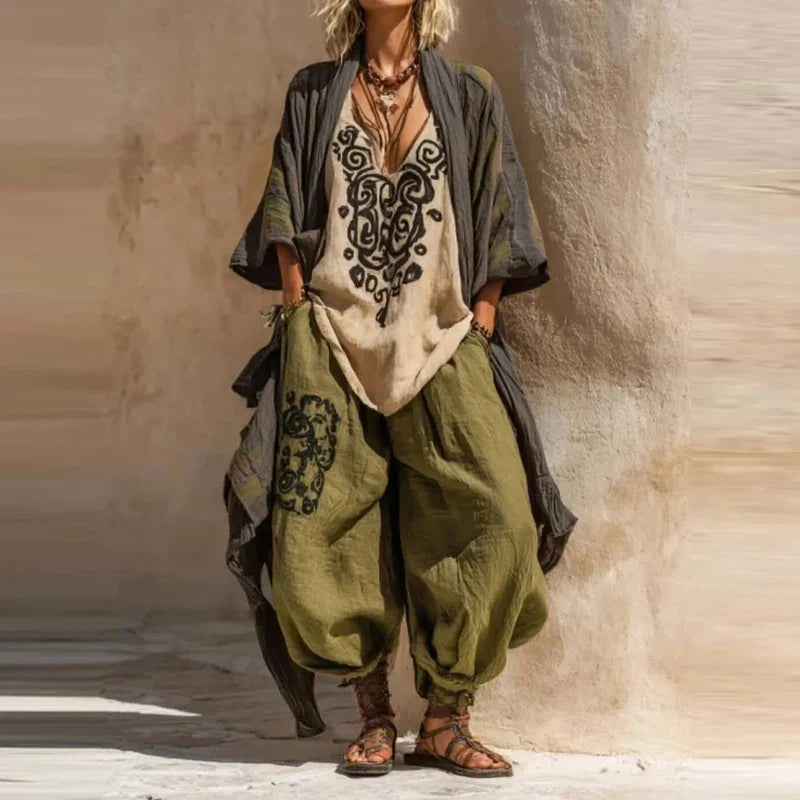Linen-blend matching set with black printed tunic and olive-green harem pants